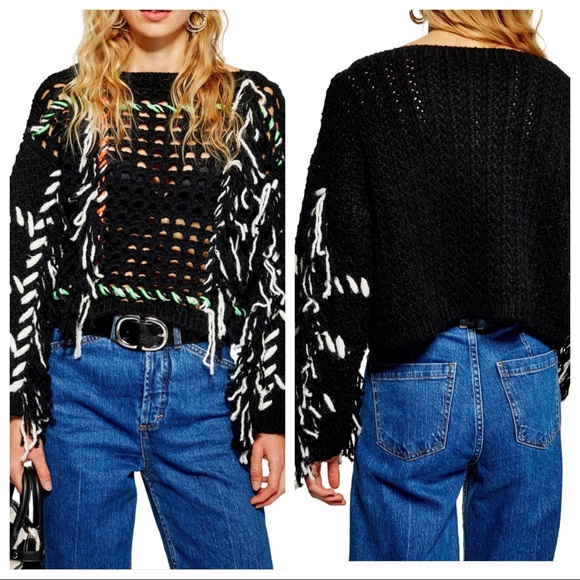 Topshop Sweaters - New Topshop Open Check Weave Fringe Jumper Sweater